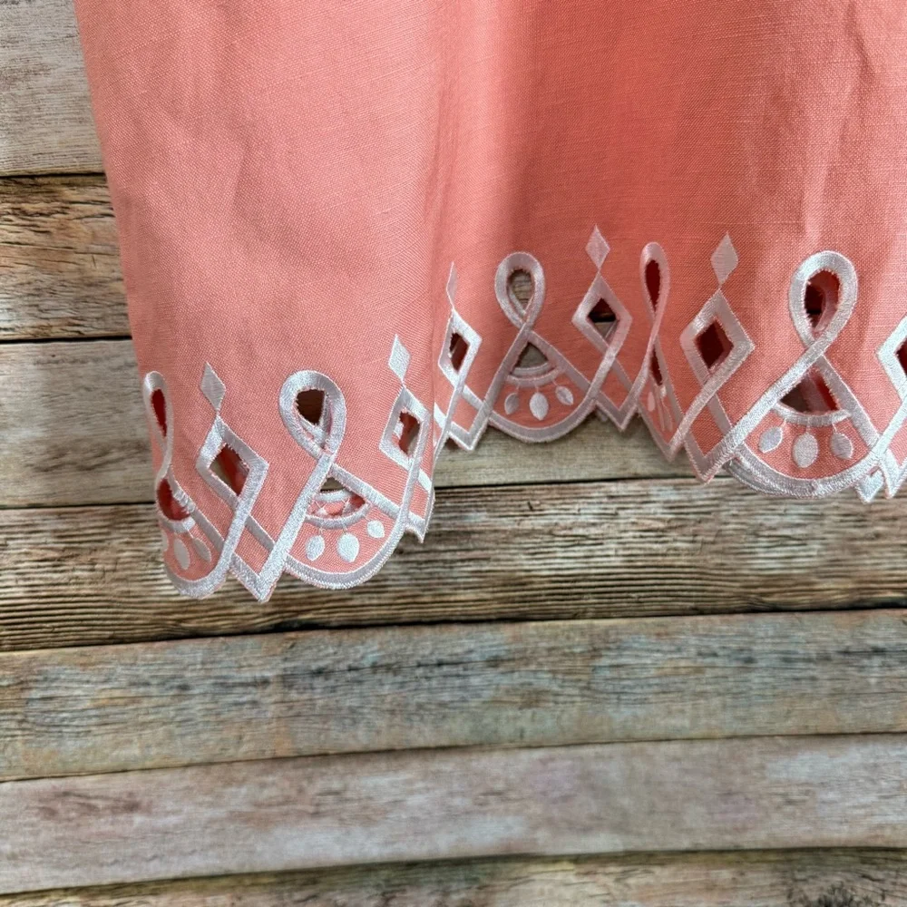 Bob Mackie Orange Coroal Embroidered Scalloped Hem Linen Blend Shell Tank Top L - Picture 5 of 8